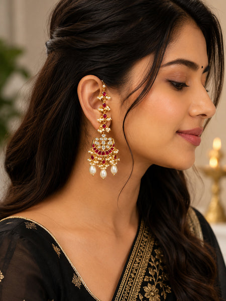 Traditional Gold-Plated Kundan & Ruby Pearl Long Chandbali Earrings for Women