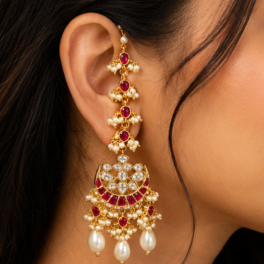 Traditional Gold-Plated Kundan & Ruby Pearl Long Chandbali Earrings for Women