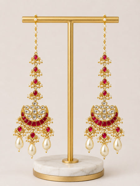 Traditional Gold-Plated Kundan & Ruby Pearl Long Chandbali Earrings for Women