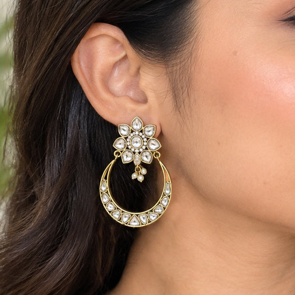 Luxury High-End Floral Hoop Earrings in Antique Gold Plated Brass with Jadau Stones
