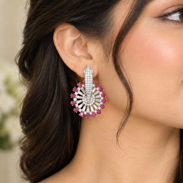 Elegant Pink American Diamond Earrings with Silver Plating – Premium Party Wear Jewellery for Women