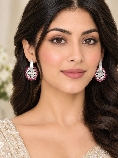 Elegant Pink American Diamond Earrings with Silver Plating – Premium Party Wear Jewellery for Women