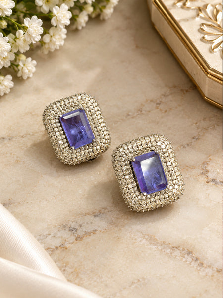 Elegant Purple Doublet Stone Stud Earrings with AAA American Diamonds – Silver-Plated Jewellery for Women