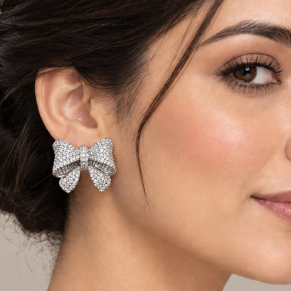 Elegant Silver-Plated Brass Bow Earrings with AAA Quality AD Stones
