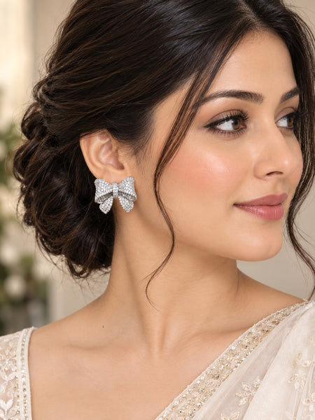 Elegant Silver-Plated Brass Bow Earrings with AAA Quality AD Stones