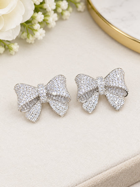 Elegant Silver-Plated Brass Bow Earrings with AAA Quality AD Stones