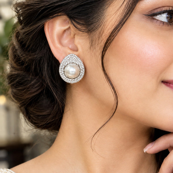 Elegant Silver-Plated Pearl Stud Earrings with AAA Quality American Diamond (AD)