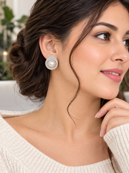 Elegant Silver-Plated Pearl Stud Earrings with AAA Quality American Diamond (AD)
