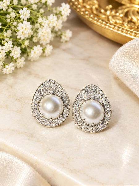 Elegant Silver-Plated Pearl Stud Earrings with AAA Quality American Diamond (AD)