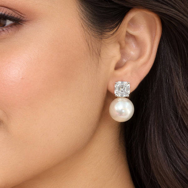 Elegant Silver-Plated Pearl Drop Earrings with AAA Quality American Diamonds