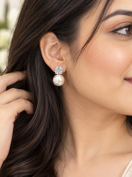 Elegant Silver-Plated Pearl Drop Earrings with AAA Quality American Diamonds