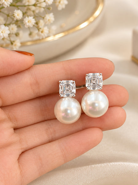 Elegant Silver-Plated Pearl Drop Earrings with AAA Quality American Diamonds