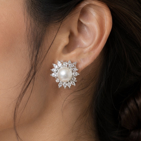 Elegant Pearl Floral Stud Earrings