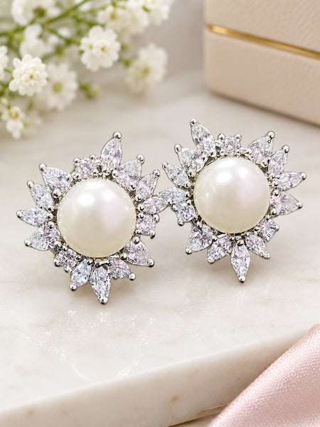 Elegant Pearl Floral Stud Earrings