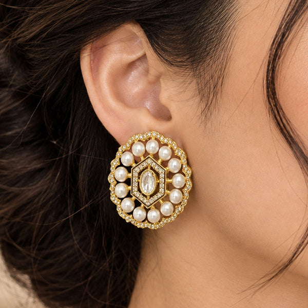 Luxury High-End Pearl & Polki Stud Earrings in Matt Gold Plated Brass with AAA Quality AD Stones