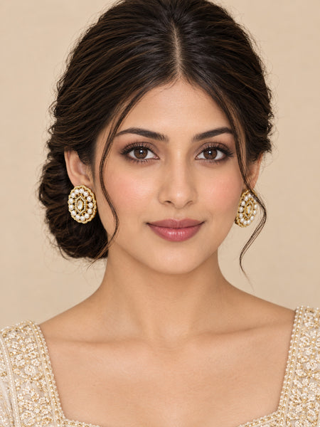Luxury High-End Pearl & Polki Stud Earrings in Matt Gold Plated Brass with AAA Quality AD Stones