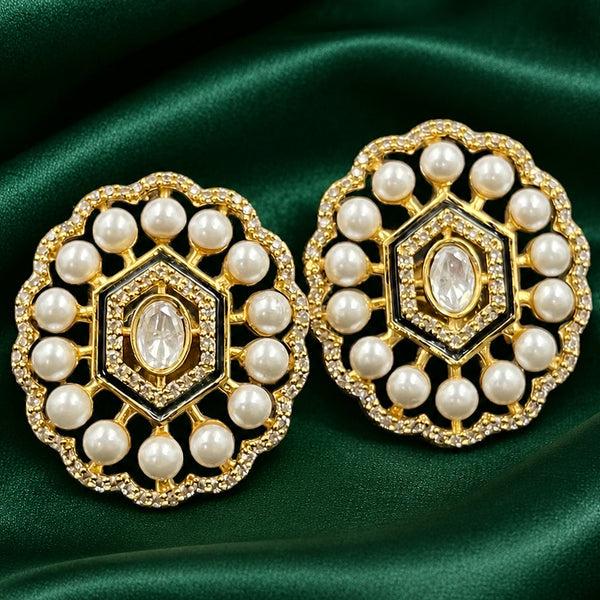 Luxury High-End Pearl & Polki Stud Earrings in Matt Gold Plated Brass with AAA Quality AD Stones