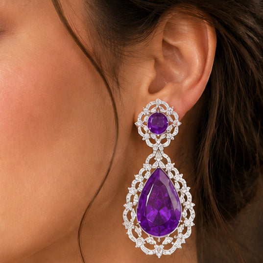 Victorian Purple Doublet Stone Statement Drop Earrings for Women | AAA AD Designer Party Wear Earrings