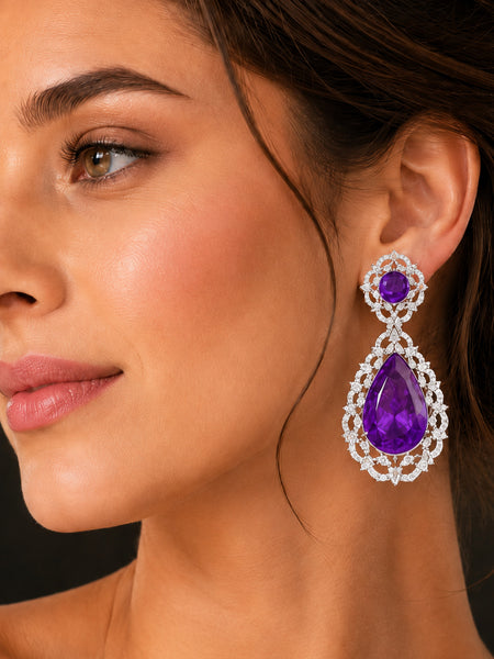 Victorian Purple Doublet Stone Statement Drop Earrings for Women | AAA AD Designer Party Wear Earrings