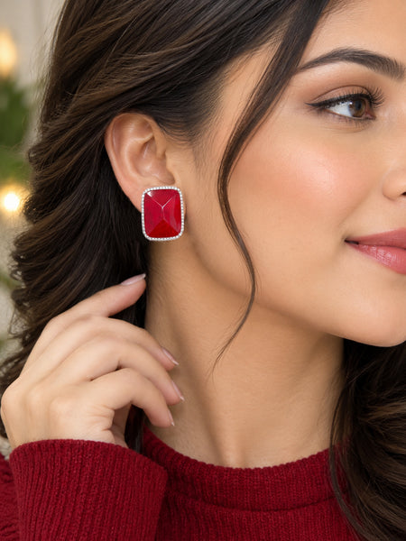 Elegant Red Doublet Stone Stud Earrings with Silver Plating and AAA Quality American Diamonds