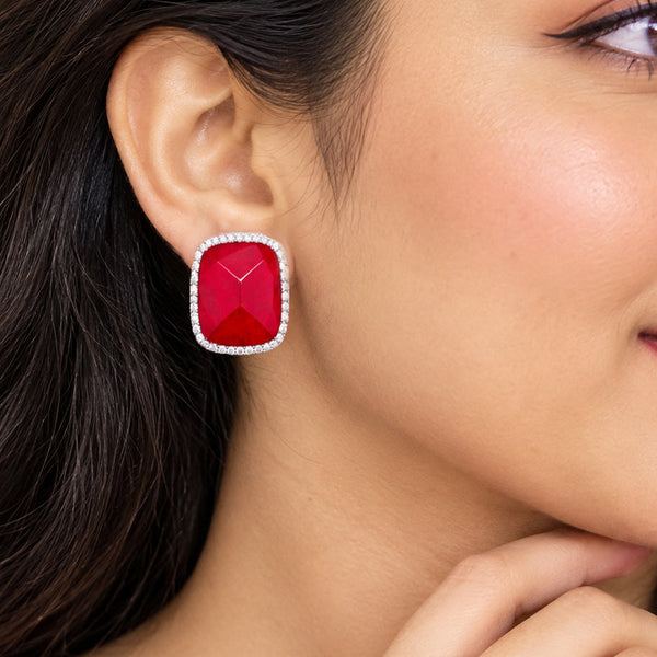 Elegant Red Doublet Stone Stud Earrings with Silver Plating and AAA Quality American Diamonds