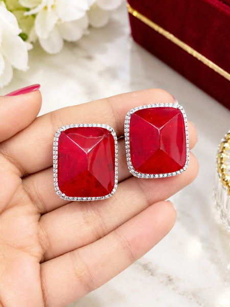 Elegant Red Doublet Stone Stud Earrings with Silver Plating and AAA Quality American Diamonds