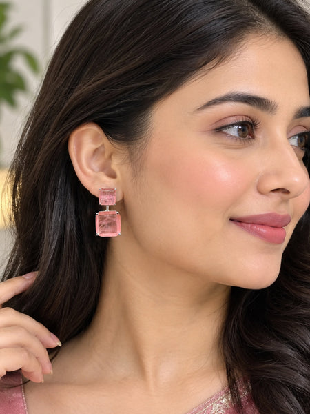 Luxury High-End Pink Doublet Drop Earrings in White Rhodium Plated Brass with AAA Quality AD Stones