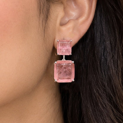 Luxury High-End Pink Doublet Drop Earrings in White Rhodium Plated Brass with AAA Quality AD Stones