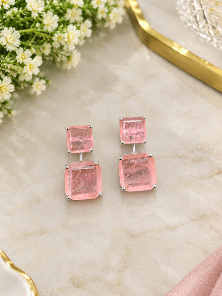 Luxury High-End Pink Doublet Drop Earrings in White Rhodium Plated Brass with AAA Quality AD Stones