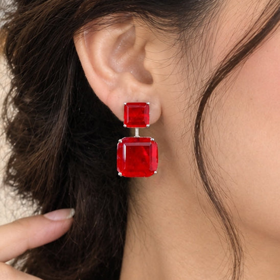 Luxury High-End Red Doublet Drop Earrings in White Rhodium Plated Brass with AAA Quality AD Stones