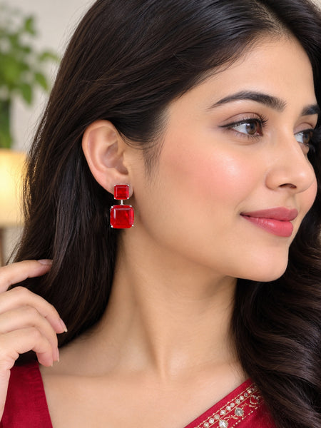 Luxury High-End Red Doublet Drop Earrings in White Rhodium Plated Brass with AAA Quality AD Stones