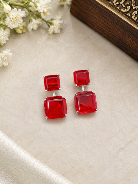 Luxury High-End Red Doublet Drop Earrings in White Rhodium Plated Brass with AAA Quality AD Stones