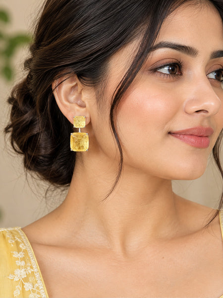 Luxury High-End Yellow Doublet Drop Earrings in White Rhodium Plated Brass with AAA Quality AD Stones