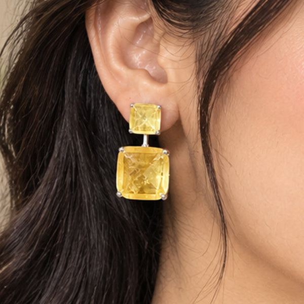 Luxury High-End Yellow Doublet Drop Earrings in White Rhodium Plated Brass with AAA Quality AD Stones