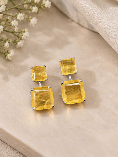 Luxury High-End Yellow Doublet Drop Earrings in White Rhodium Plated Brass with AAA Quality AD Stones
