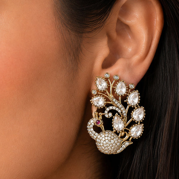 Elegant Victorian Peacock Polki Stud Earrings – AAA Quality AD & Moissanite