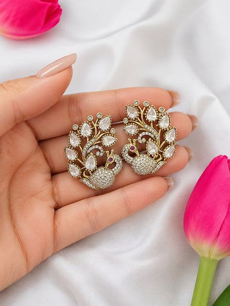 Elegant Victorian Peacock Polki Stud Earrings – AAA Quality AD & Moissanite