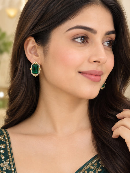 Elegant Green Stone Earrings with Golden Plating and Traditional Design
