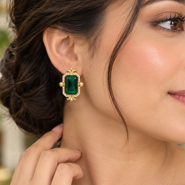 Elegant Green Stone Earrings with Golden Plating and Traditional Design