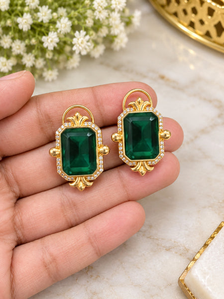 Elegant Green Stone Earrings with Golden Plating and Traditional Design