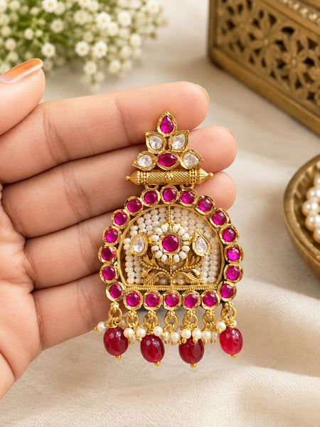 Luxury High-End Kemp Chandbali Earrings in Antique Gold Plated Brass with AAA Quality AD Stones
