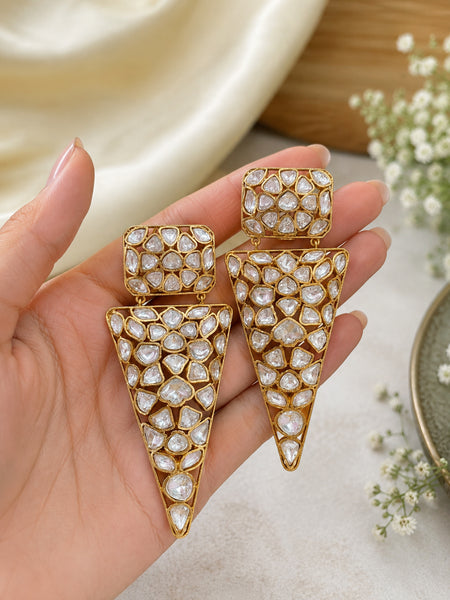 Luxury Golden Polki Statement Drop Earrings – AAA Quality AD & Moissanite