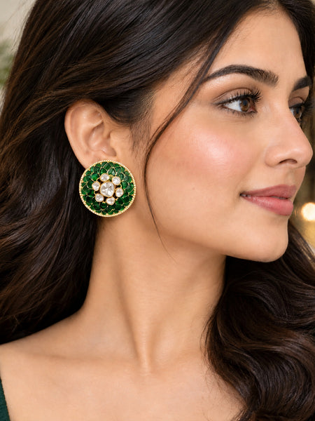 Elegant Green Kundan Stud Earrings with Golden Plating and Floral Design
