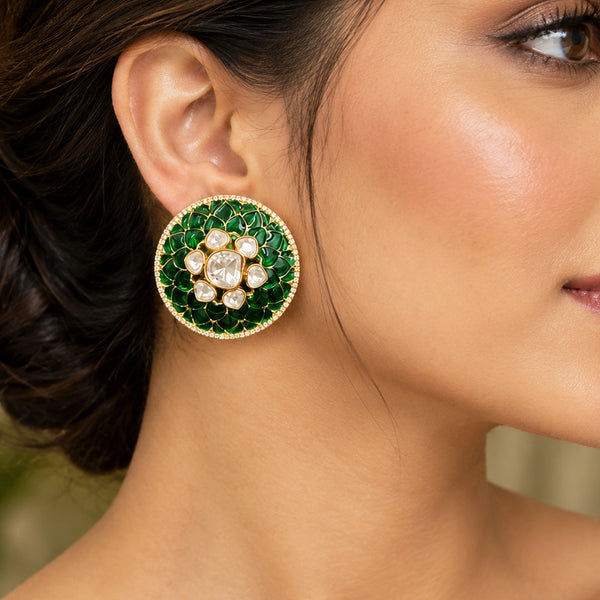Elegant Green Kundan Stud Earrings with Golden Plating and Floral Design