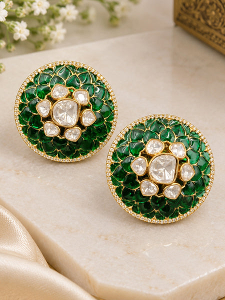 Elegant Green Kundan Stud Earrings with Golden Plating and Floral Design