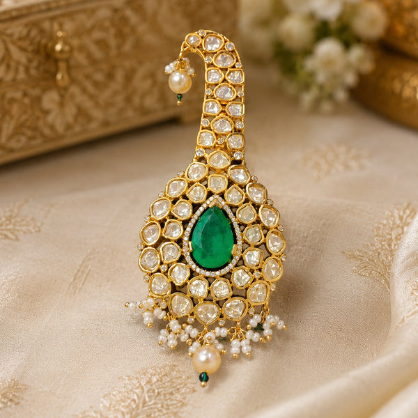 Premium Gold-Plated Green Doublet Polki Turban Brooch with AAA AD & Moissanite Stones – Royal Groom Accessory