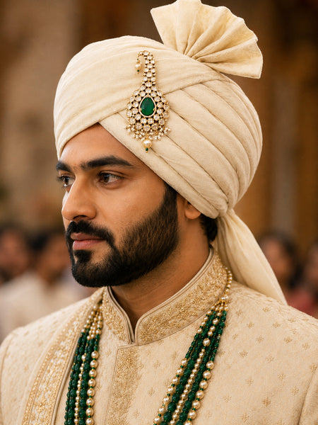 Premium Gold-Plated Green Doublet Polki Turban Brooch with AAA AD & Moissanite Stones – Royal Groom Accessory