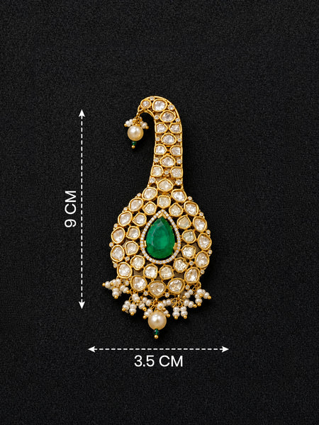 Premium Gold-Plated Green Doublet Polki Turban Brooch with AAA AD & Moissanite Stones – Royal Groom Accessory