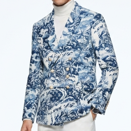 Men Premium Blue & White Floral Printed Double-Breasted Blazer