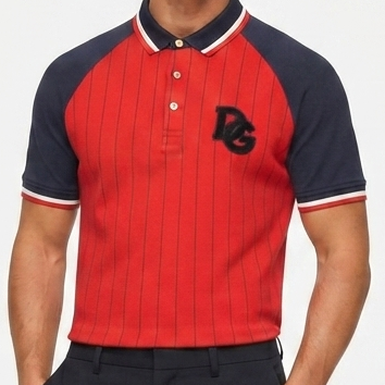 Men Premium Red Pinstripe Polo T-Shirt  Contrast Navy Sleeves